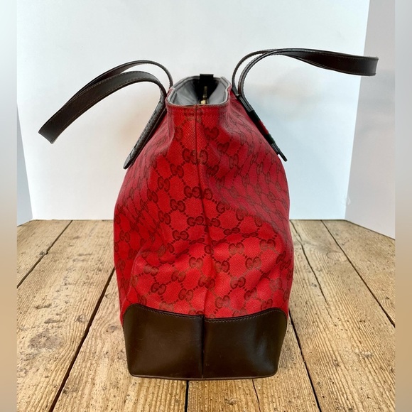Gucci Red GG Canvas Tote Bag with Brown Leather Trim Corners Shopper Authentic - Picture 6 of 16